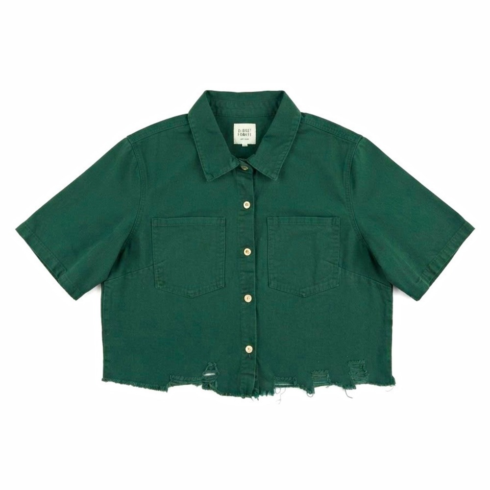 Almost Famous Women's 2X Green Short Sleeve Button Up Shirt Cotton Twill Pockets